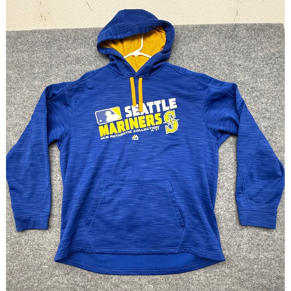 Majestic Seattle Mariners MLB Authentic Collection Hoodie Blue Yellow Mens XL